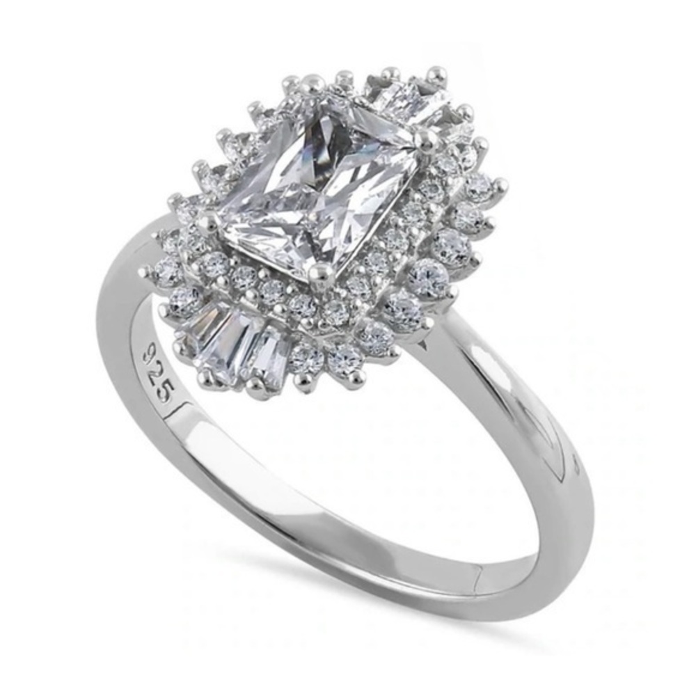 925 Sterling Silver Vintage Emerald Halo Clear CZ Engagement Ring